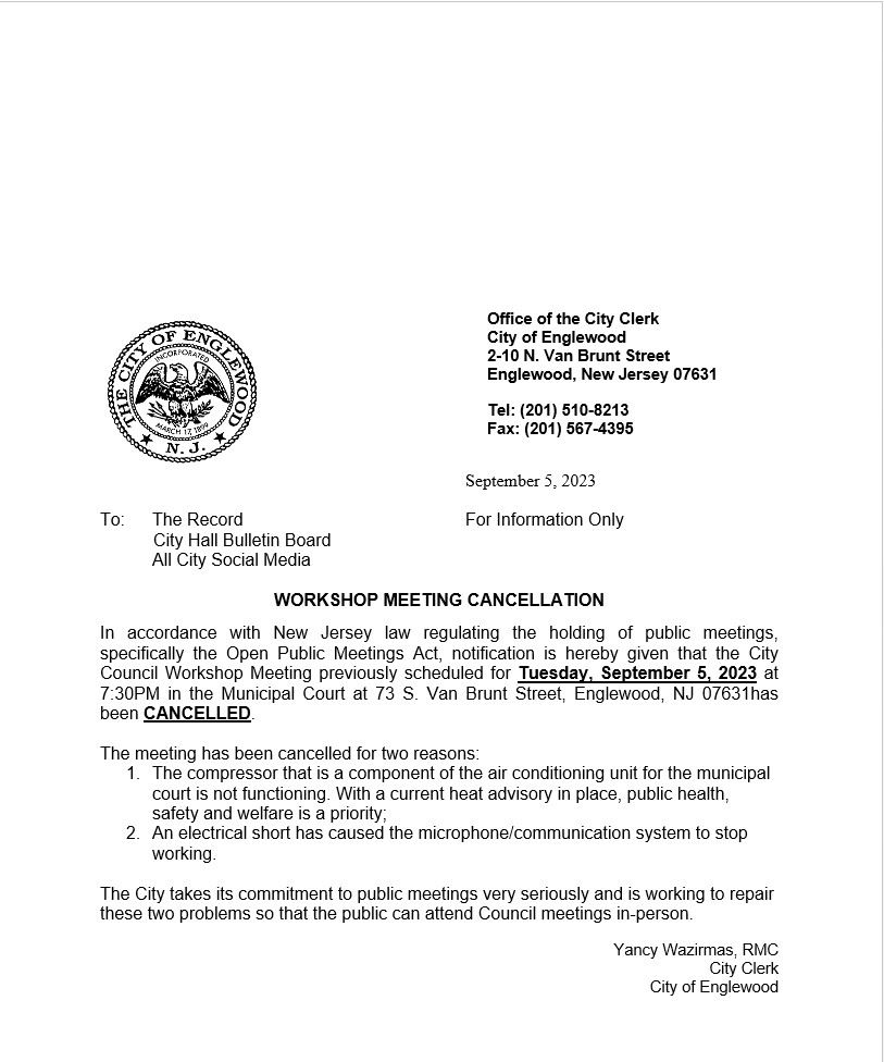 Council Workshop Meeting Cancellation
