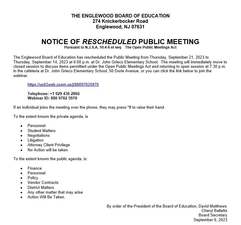 Notice of Rescheduled Public Meeting - September 14th