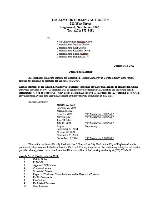 2024 Board Meeting Schedule - Englewood Housing Authority