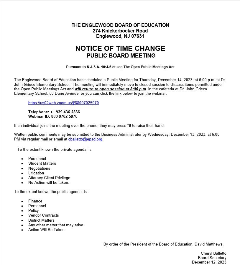 Notice of Time Change Public Board Meeting 
