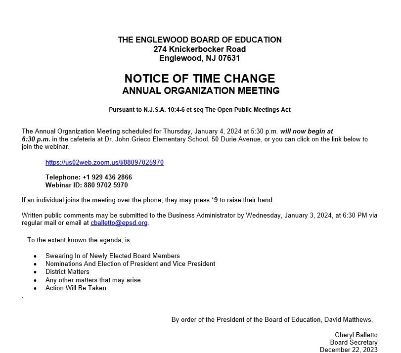 Notice of Time Change - Board of Education Annual Organization Meeting