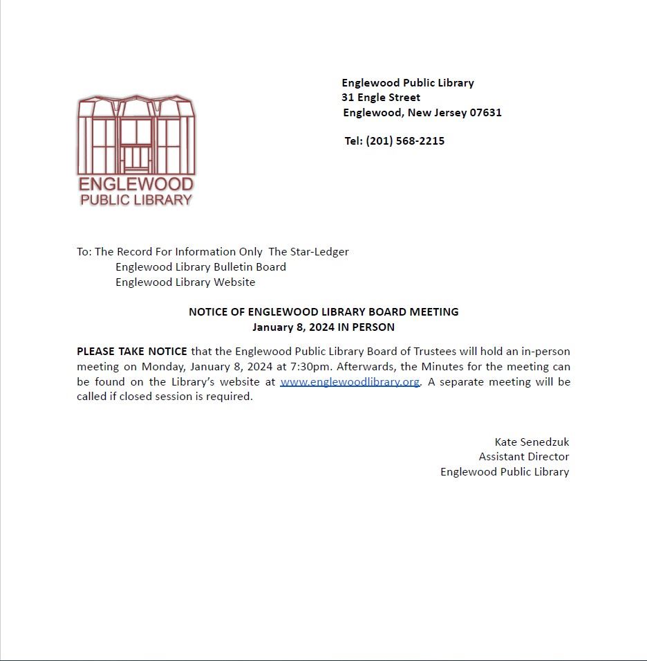 Notice of Englewood Library Board Meeting - January 8th 2024