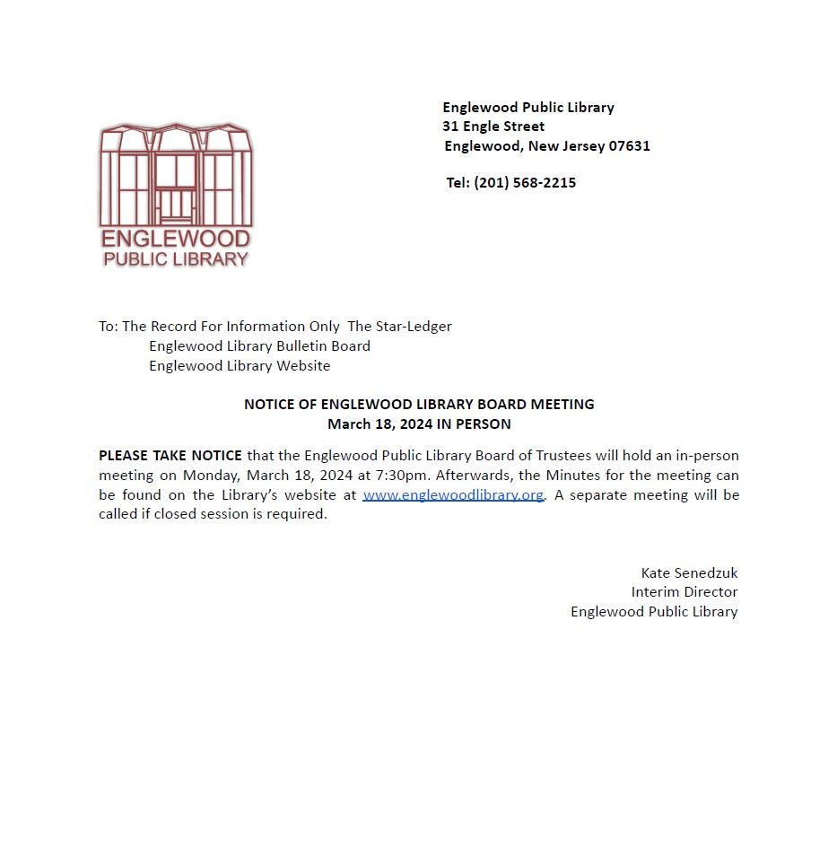 Notice of  Englewood Library Board Meeting - March 18th