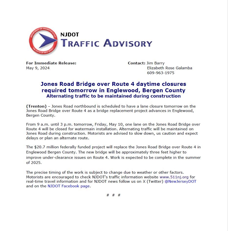 NJ DOT Traffic Advisory - May 10th