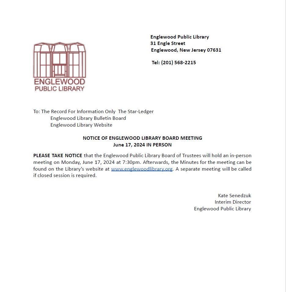 Notice of Englewood Library Board Meeting - June 17th
