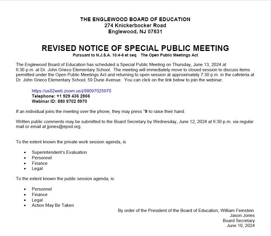 Revised Notice of Special Public Meeting BOE June 13th