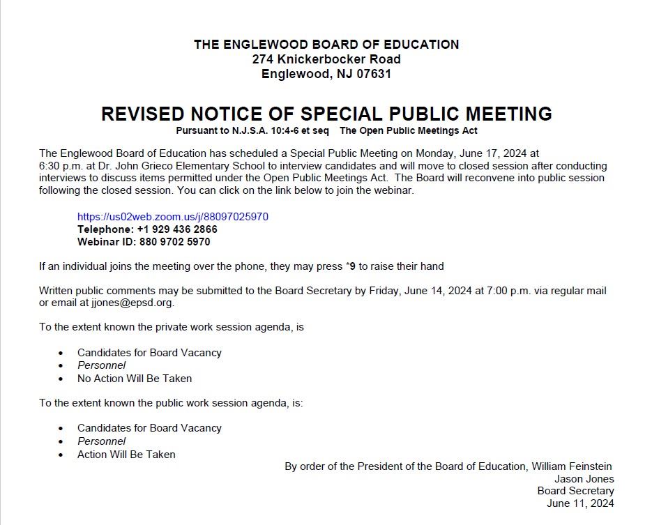 Revised Notice of Special Public Meeting BOE June 17th