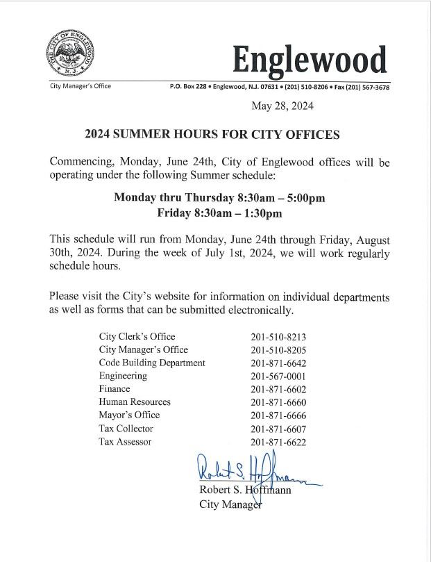 2024 Summer Hours for City Offices
