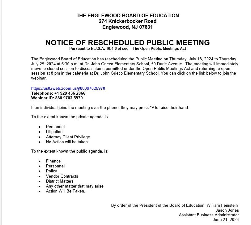 Notice of Rescheduled Public Meeting - July 25th