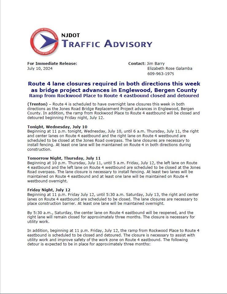 NJ Dot Traffic Advisory - July 10th