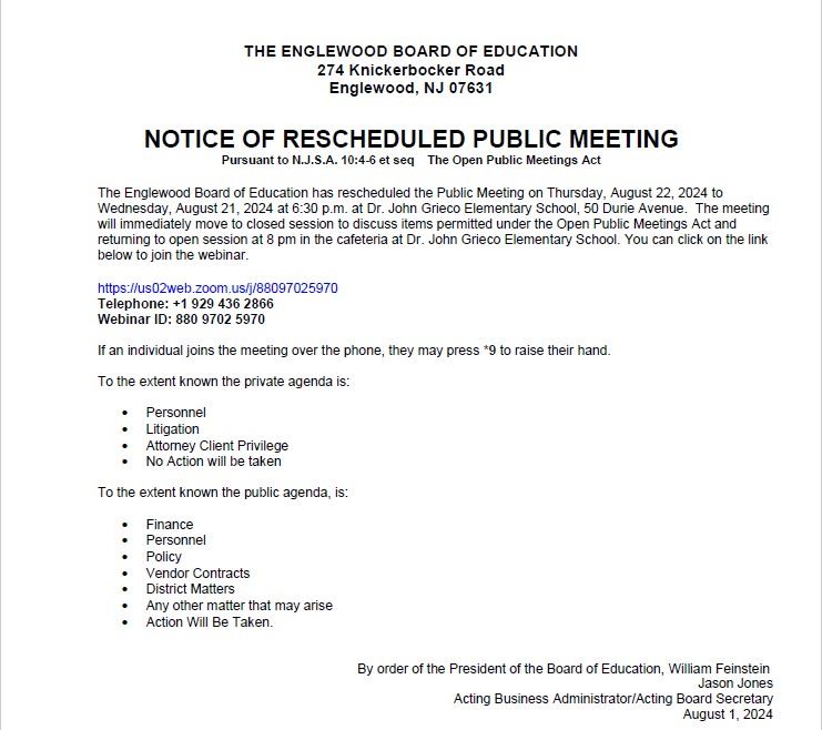 Notice of Rescheduled Public Meeting - BOE - August 21st