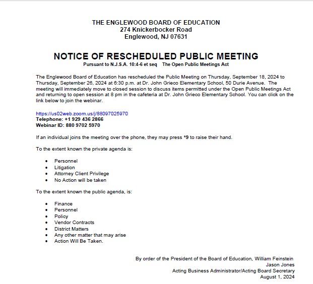 Notice of Rescheduled Public Meeting - BOE - September 26th