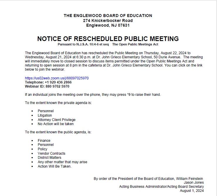 Notice of Rescheduled Public Meeting - August 21st