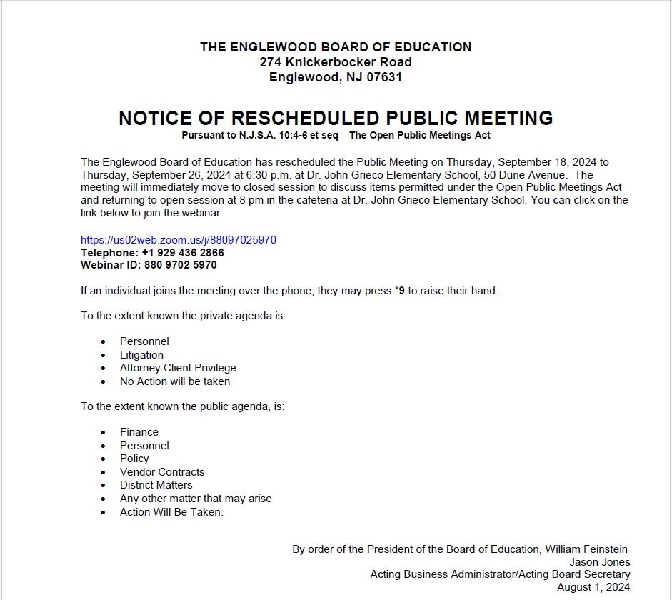 Notice of Rescheduled Public meeting - September 26th