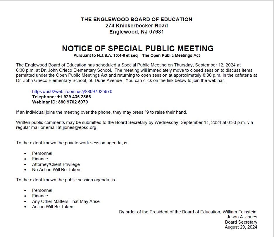 Notice of Special Public Meeting - BOE - September 12th
