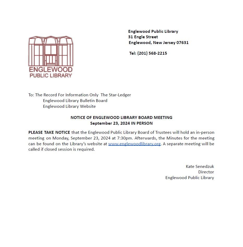 Notice of Englewood Library Board Meeting - September 23rd