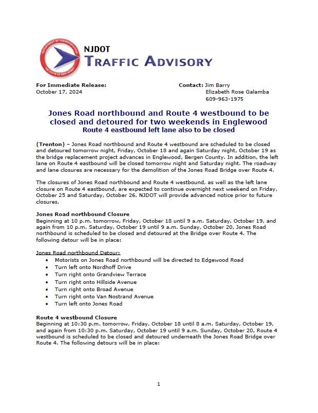 NJ Dot Traffic Advisory - October 17, 2024