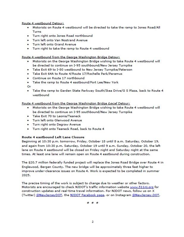 NJ DOT Traffic Advisory - October 17, 2024 Page 2