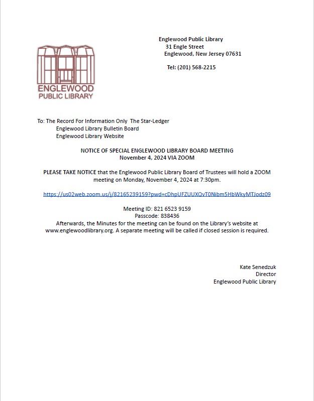 Notice of Special Englewood Library Board Meeting - November 4th