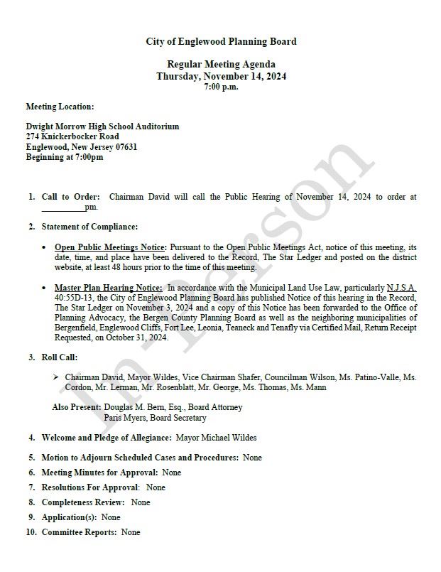 Planning Board Meeting Agenda