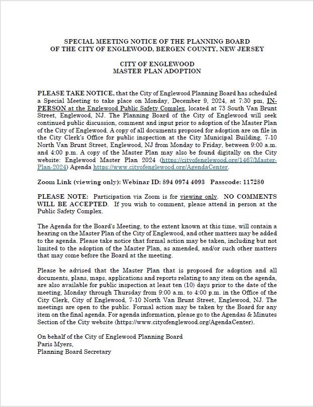 Special Meeting Notice of the Planning Board of the COE - Master Plan Adoption