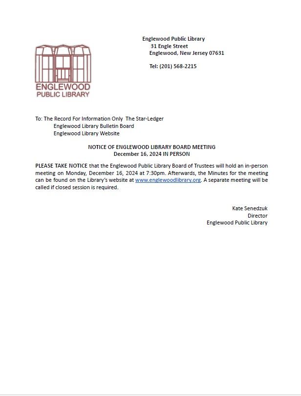 Notice of Englewood Library Board Meeting - December 16th