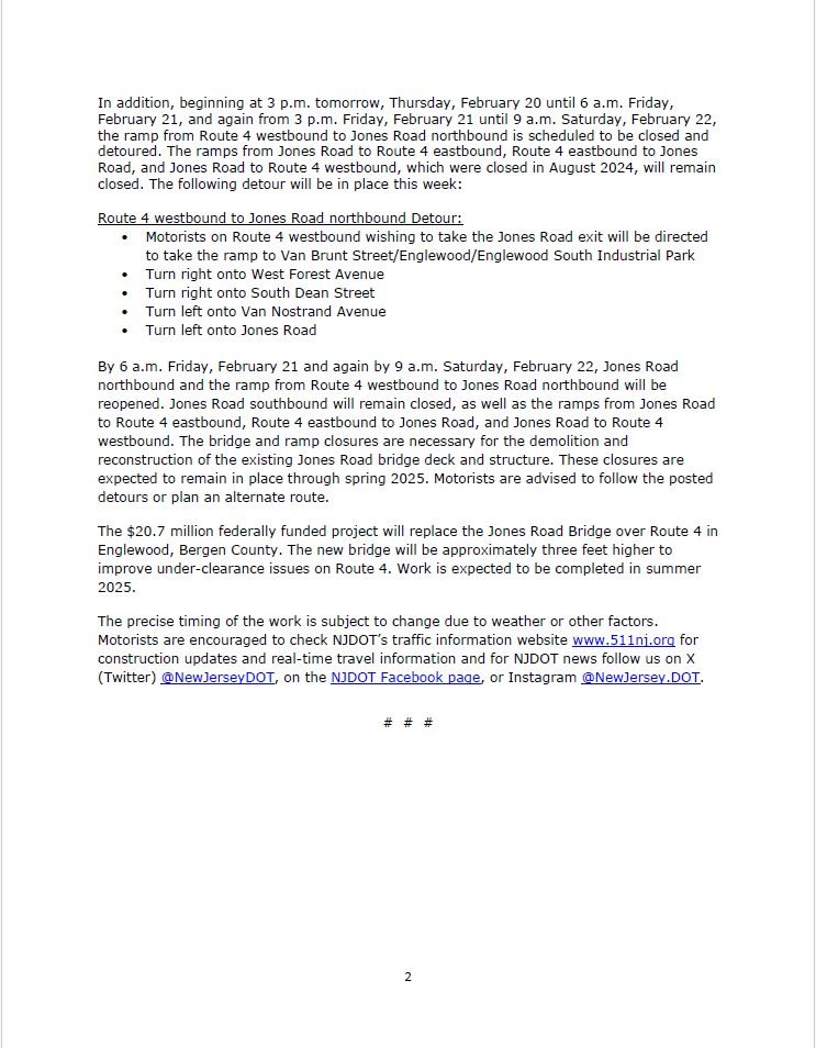 NJ DOT Traffic Advisory - February 19, 2025 Page 2