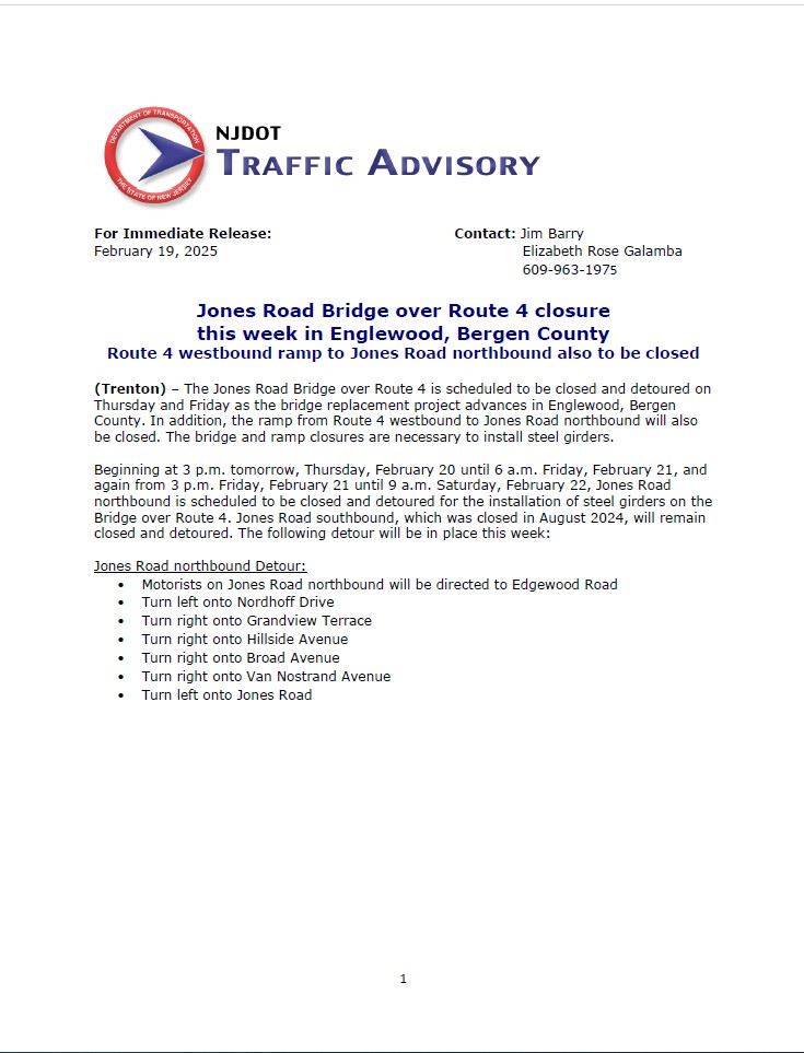 NJ DOT Traffic Advisory - February 19, 2025 Page 1