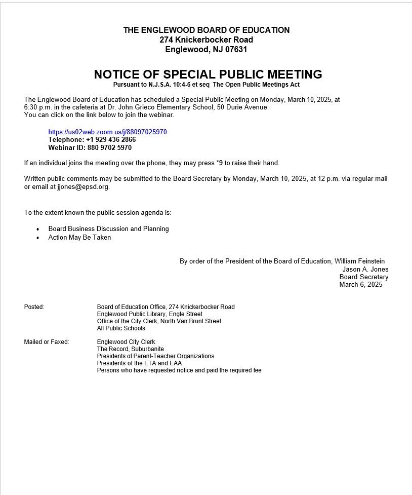 Notice of Special Public Meeting - Board of Education - March 10th