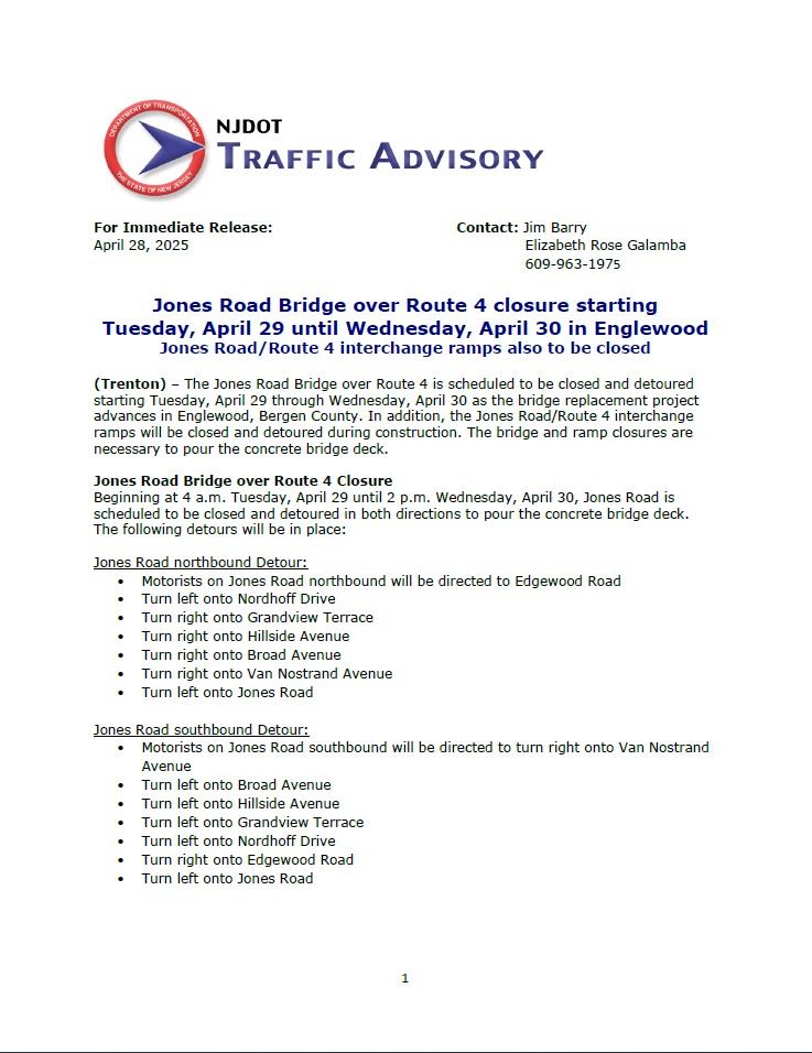 NJ DOT Traffic Advisory - April 29th to April 30th - Page 1