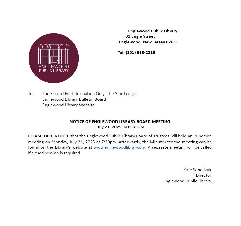 Notice of Englewood Library Board Meeting - July 21st