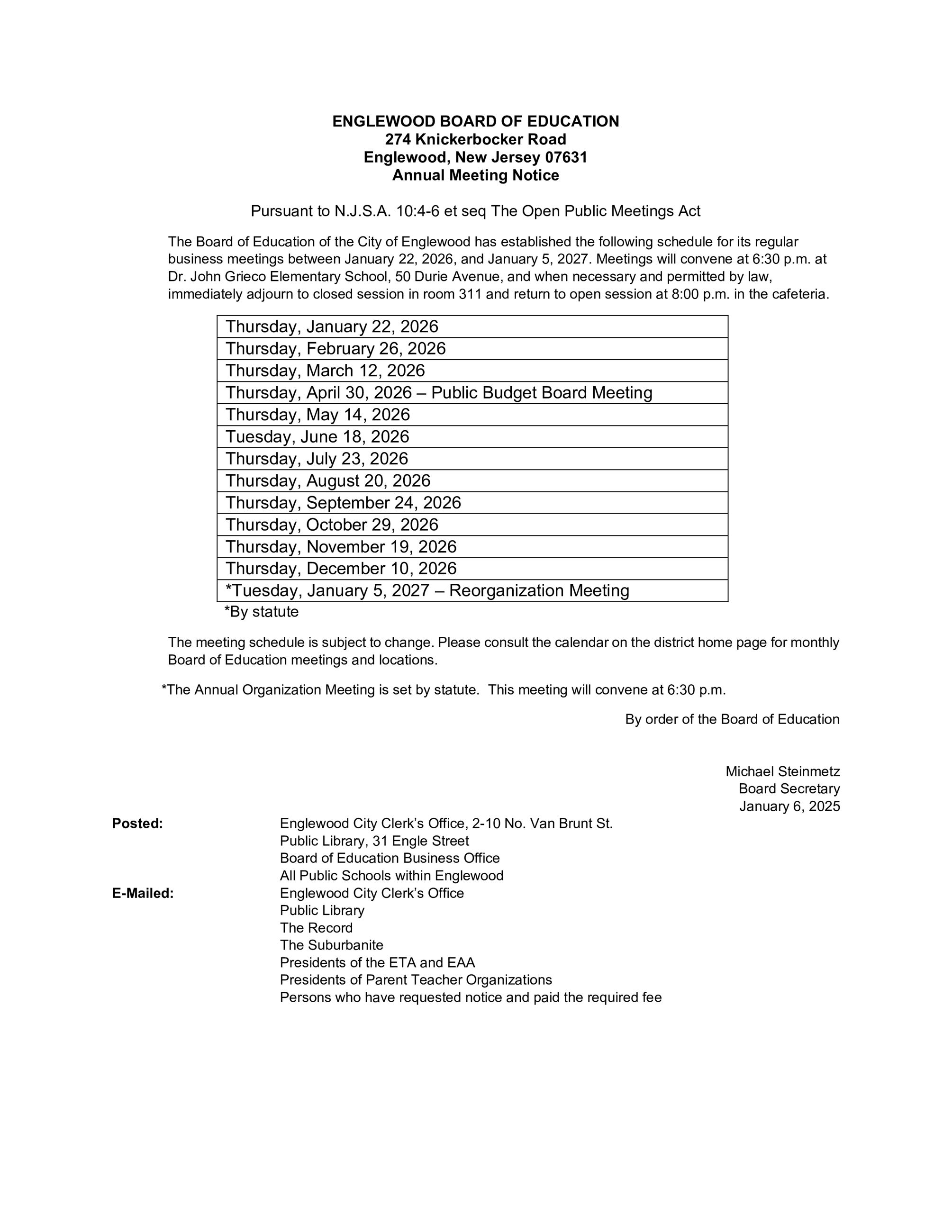 Notice - Englewood BOE Annual Public Meeting Schedule 2026